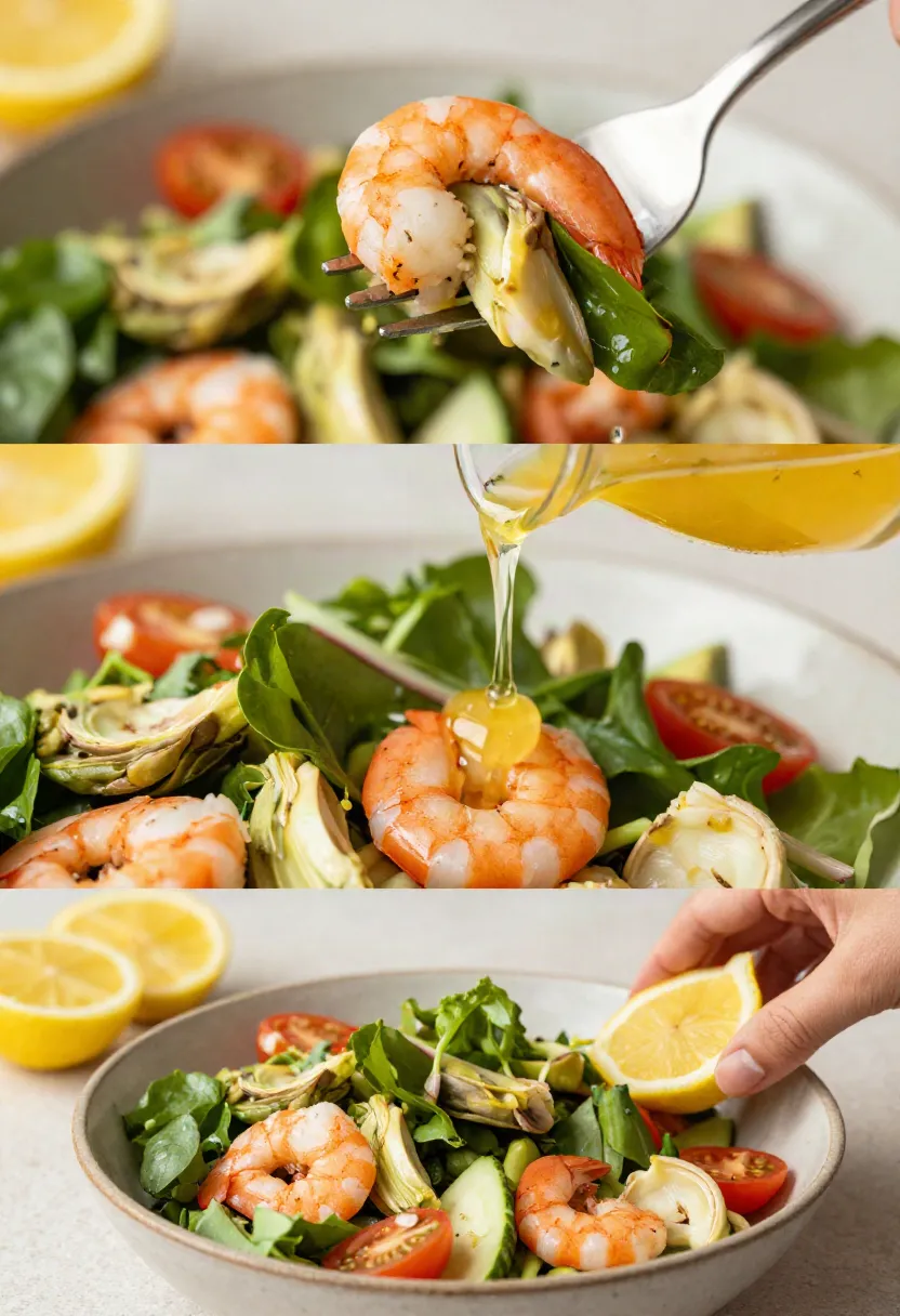 Three-panel collage of a shrimp salad: fork-hailed shrimp with artichoke and greens; olive oil drizzle over the salad; lemon wedges nearby as garnish