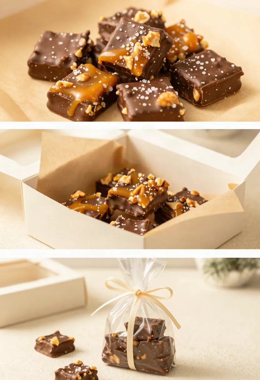 Homemade chocolate toffee arranged in a simple gift box with parchment paper, ribbon, and irregular golden chocolate-covered pieces.