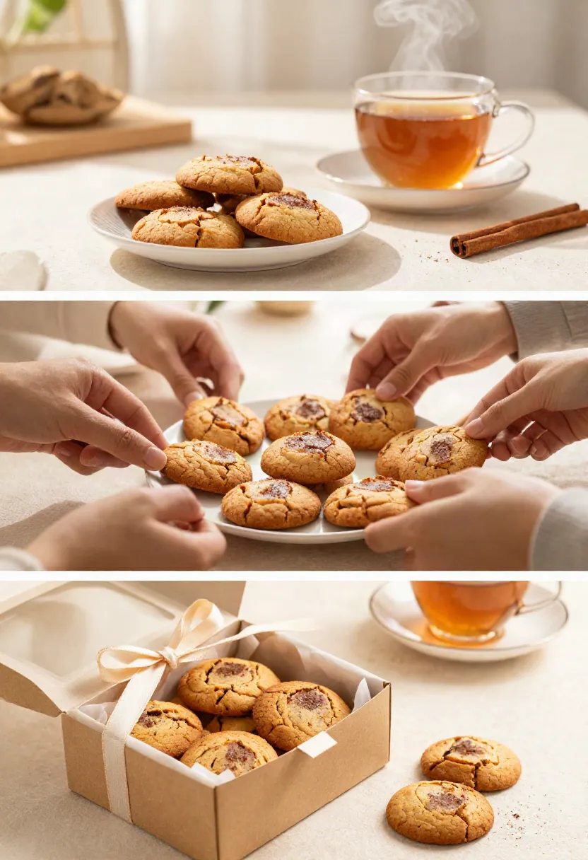 Plate of freshly baked cookies with a cup of tea and cinnamon sticks on a kitchen counter, cozy tea time scene.