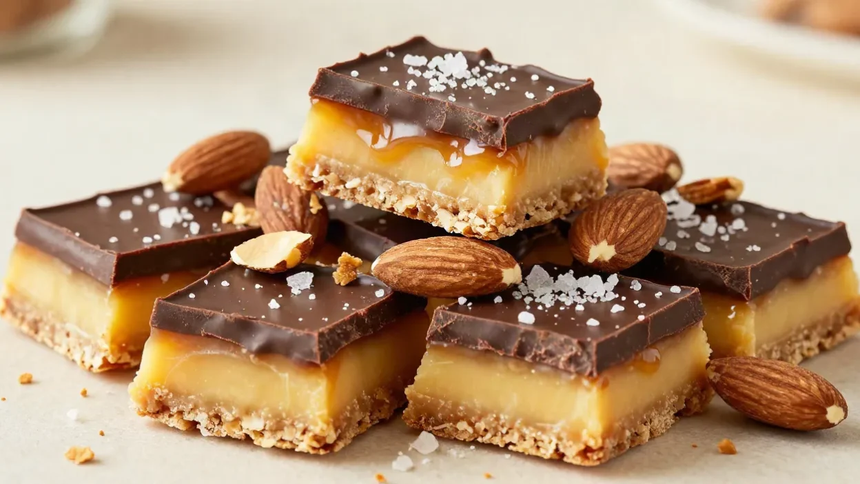Homemade chocolate toffee pieces with golden caramel, glossy chocolate, chopped nuts, and flaky sea salt.