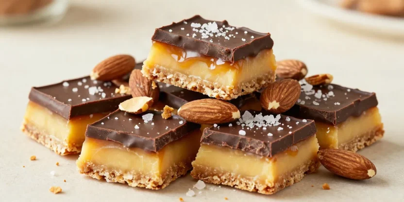 Homemade chocolate toffee pieces with golden caramel, glossy chocolate, chopped nuts, and flaky sea salt.