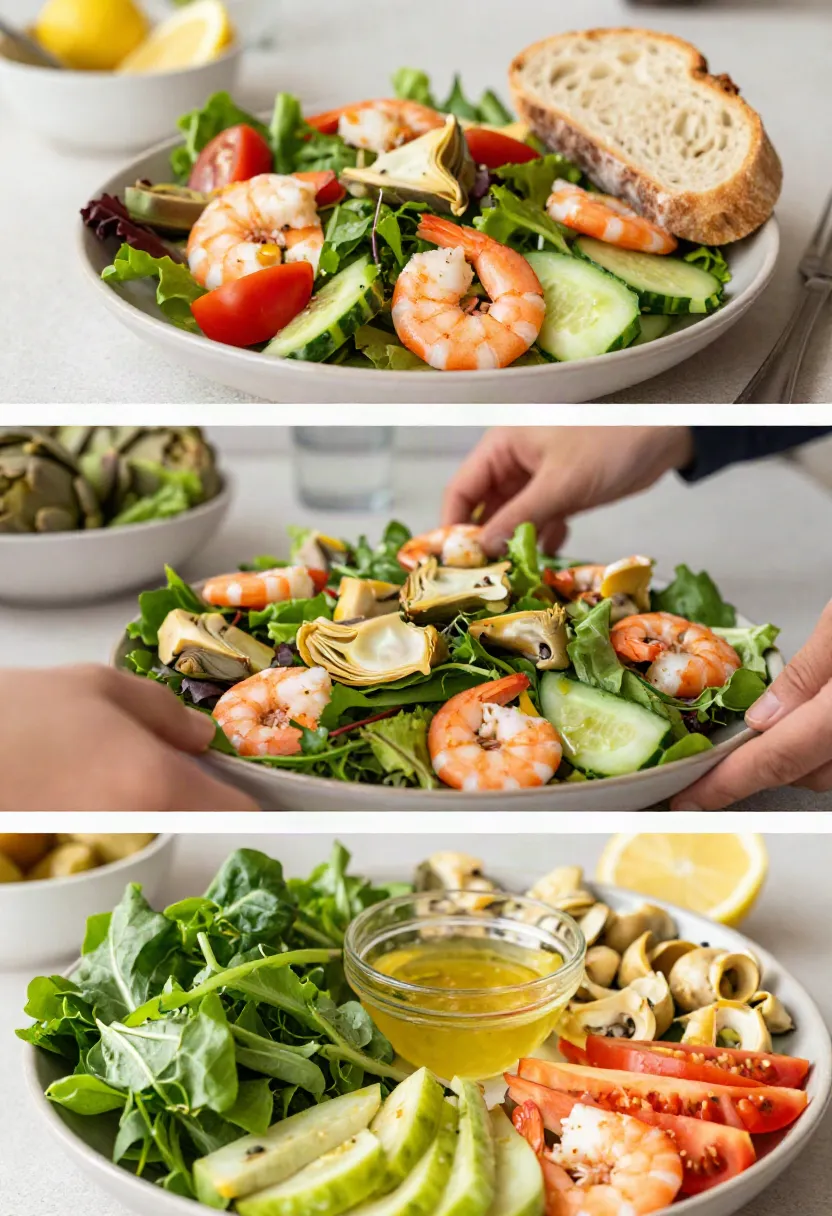 Lemon vinaigrette drizzled over a fresh shrimp and artichoke salad with colorful vegetables.