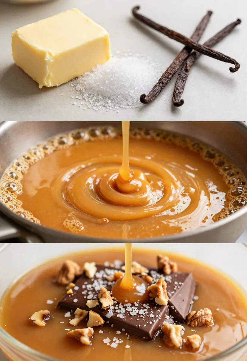 Close-up of golden buttery toffee covered with melted chocolate, toasted nuts, and delicate flakes of sea salt.