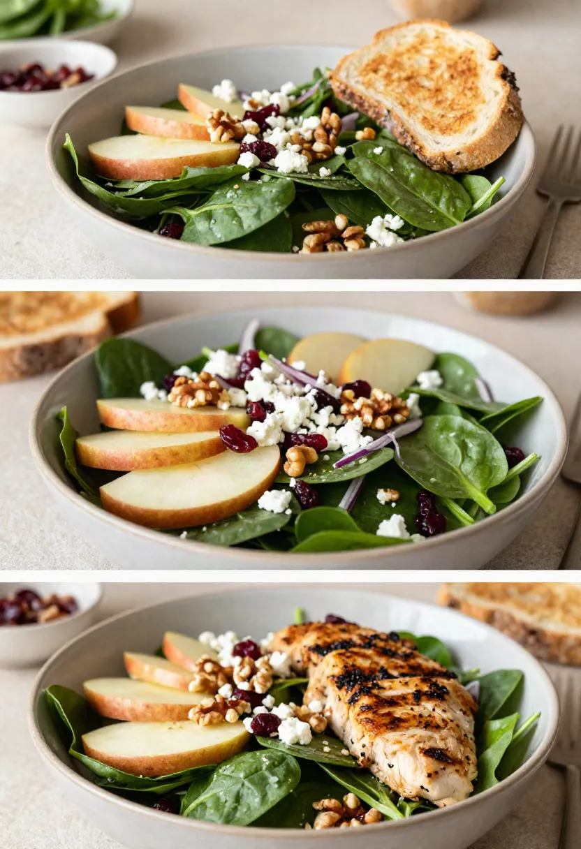 Three variations of apple spinach salad served as a casual lunch, elegant side dish, and hearty meal with grilled chicken.