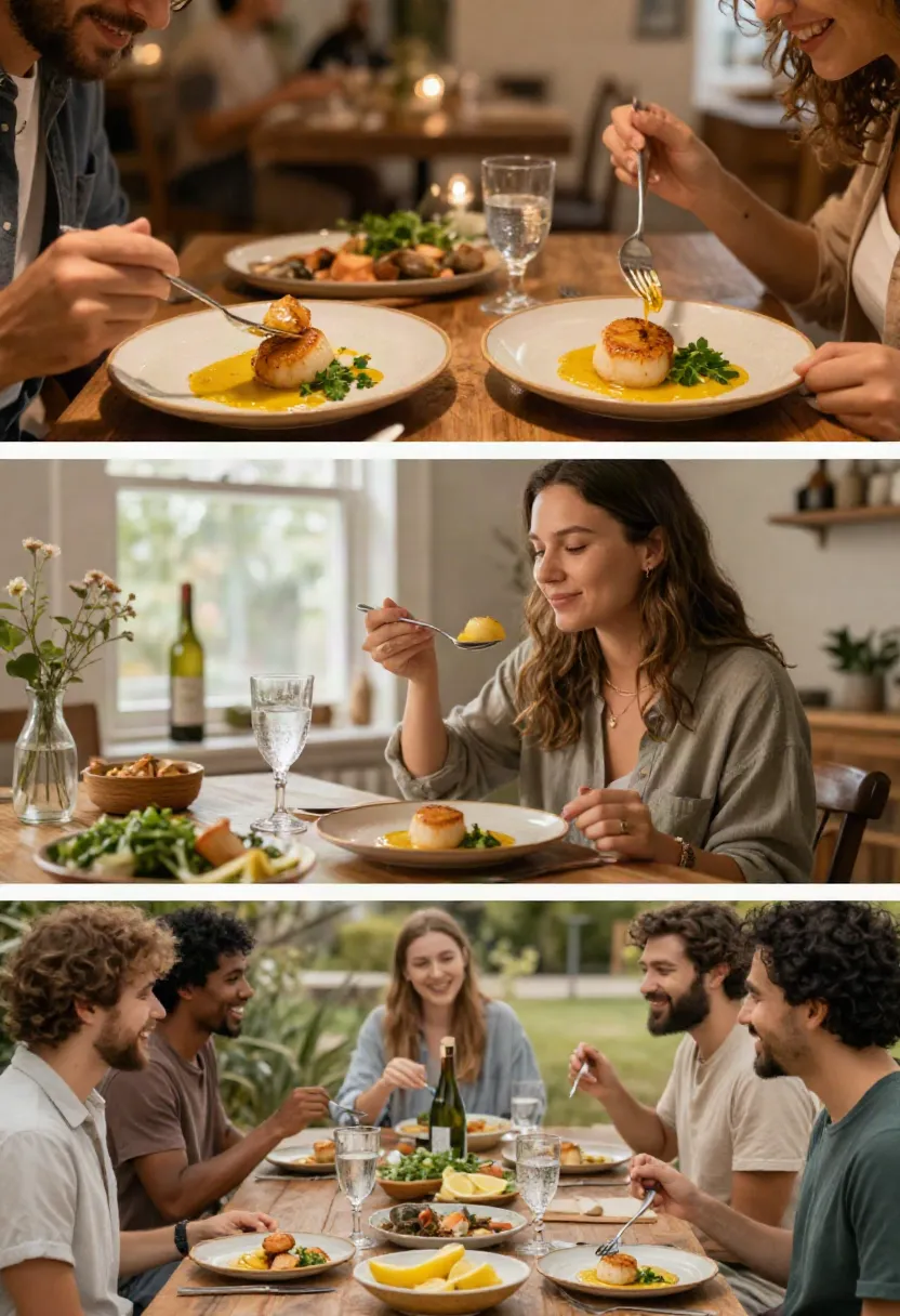 Different people enjoying golden seared scallops with lemon garlic butter during a romantic dinner, a cozy meal at home, and a relaxed outdoor gathering.