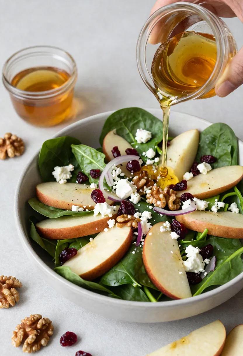 Close-up of apple spinach salad with crisp apples, walnuts, cranberries, goat cheese, and homemade vinaigrette.