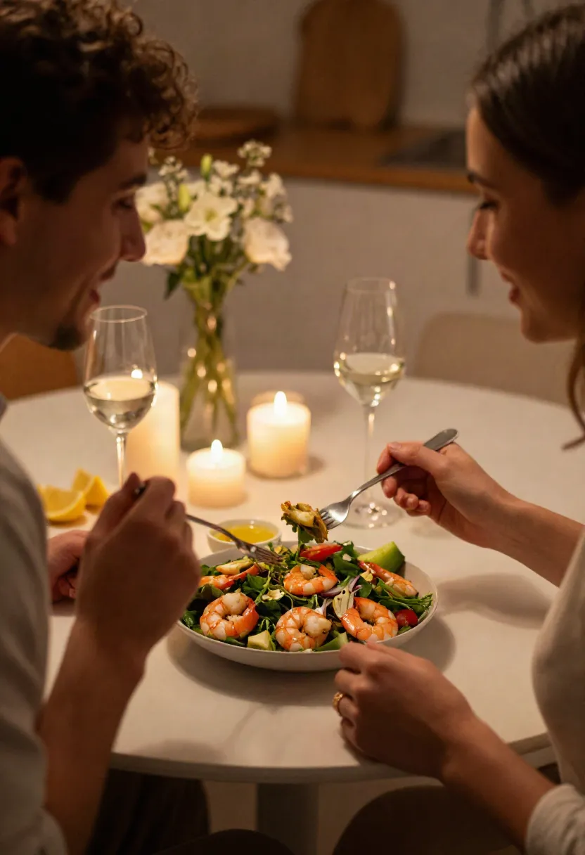 A romantic candlelit dinner for two featuring fresh shrimp and artichoke salad on the table.