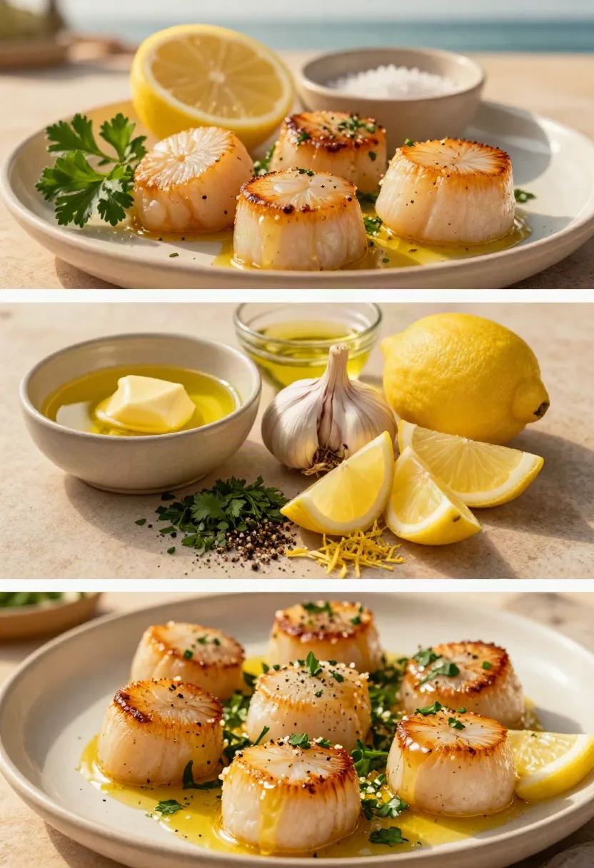 Seared scallops with lemon butter sauce on a plate, garnished with parsley and a lemon wedge in the background.