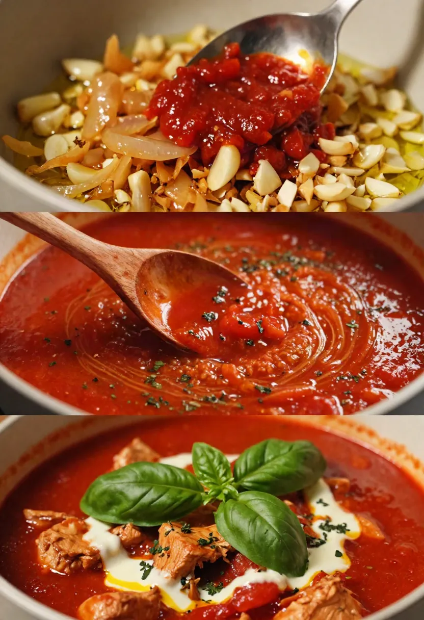 Three-panel collage: top shows chopped onions, almonds and tomato paste; middle shows simmering tomato sauce with herbs; bottom shows tomato soup with basil and shredded meat.