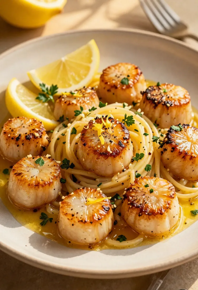 Golden seared scallops served over linguine with glossy lemon garlic butter, parsley, and fresh lemon.