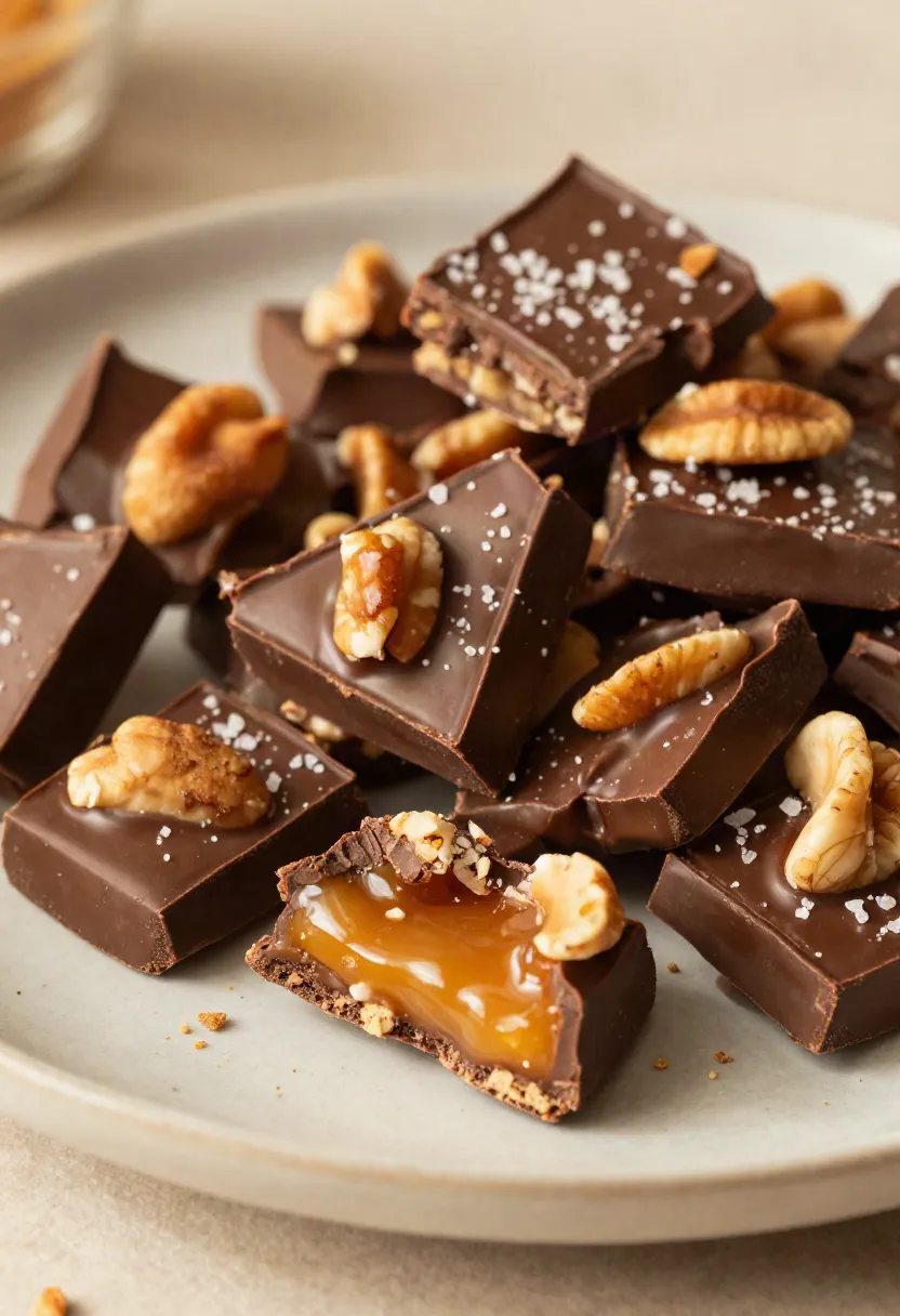 Crisp homemade chocolate toffee shards with golden caramel, dark chocolate, toasted nuts, and flaky sea salt served as a simple sweet treat.