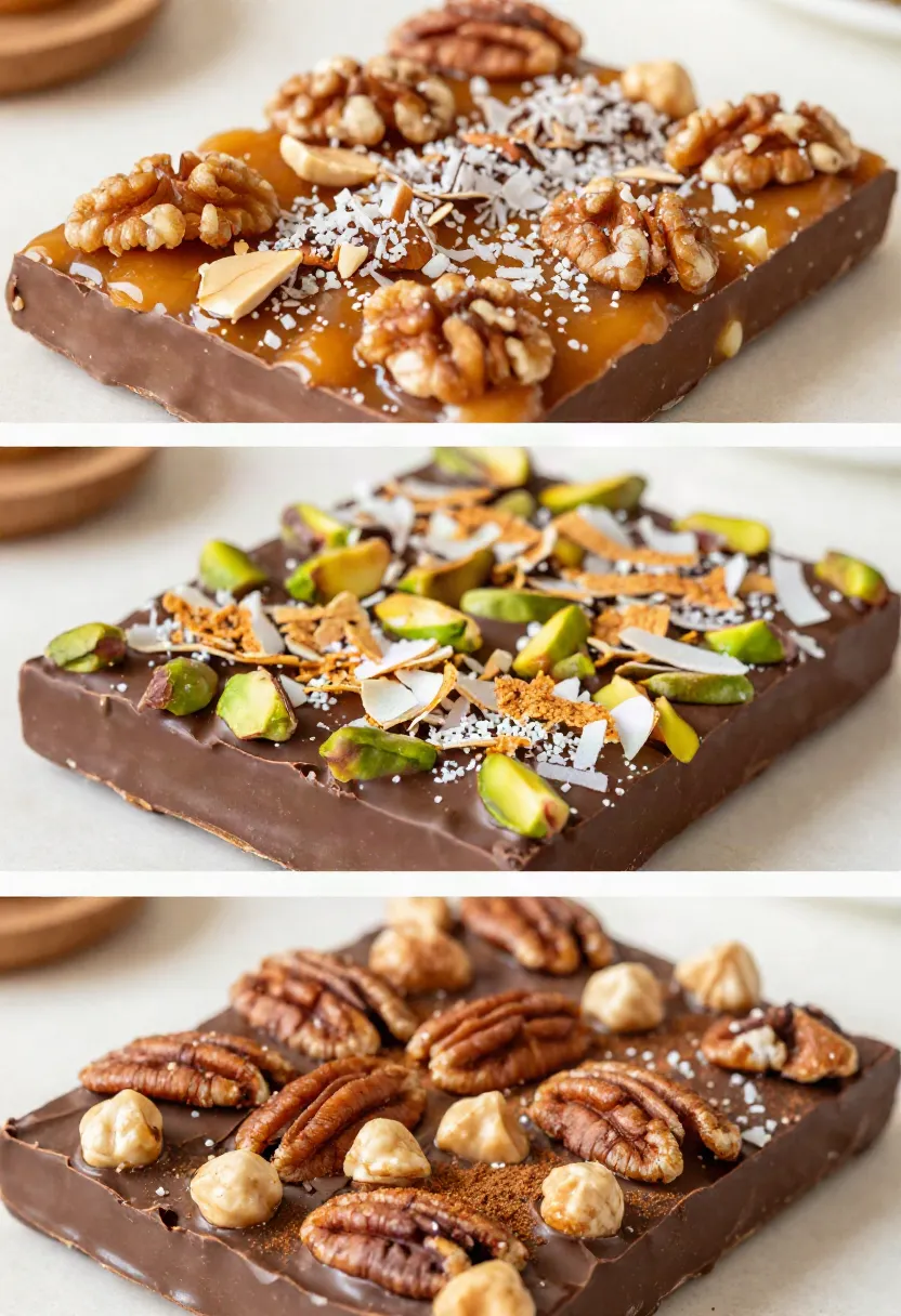 Three-part collage showing toffee ingredients, bubbling golden caramel reaching hard-crack stage, and chocolate-covered toffee finished with nuts and sea salt.