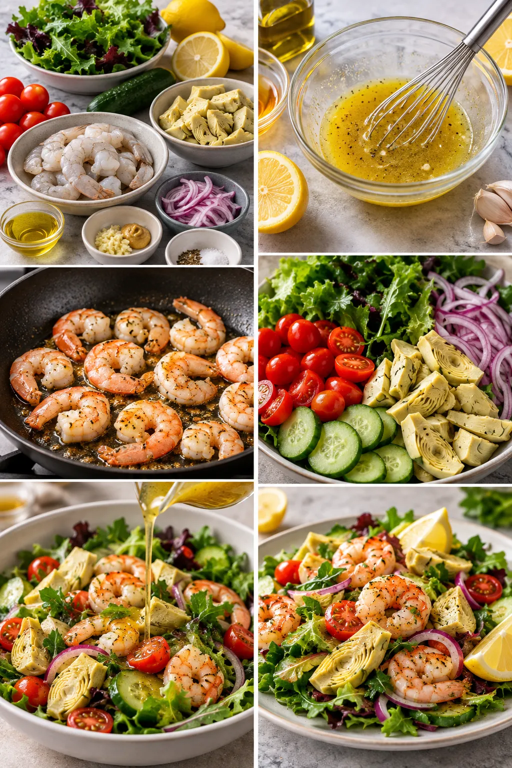 Shrimp and artichoke salad served with crusty bread for a simple homemade lunch.