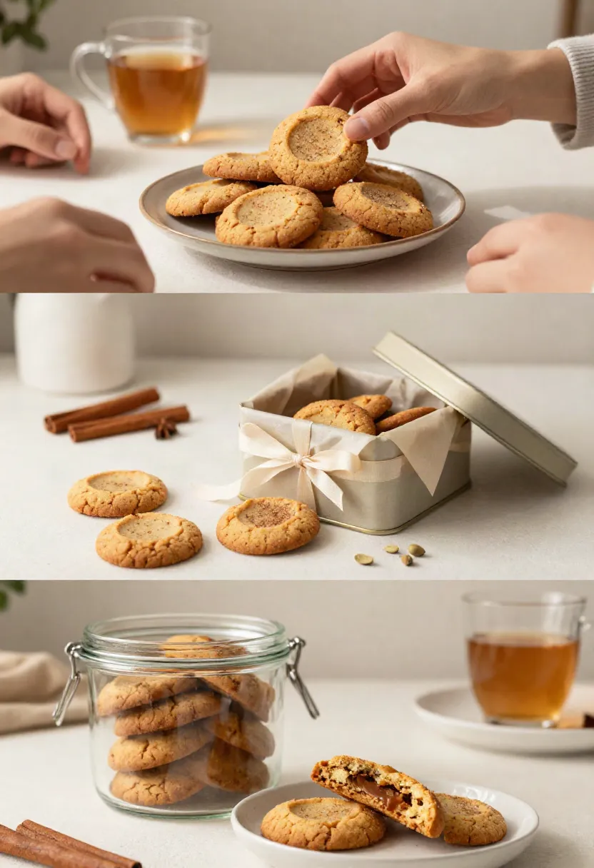 Homemade chai cookies packed in a gift tin lined with parchment paper and tied with a ribbon.