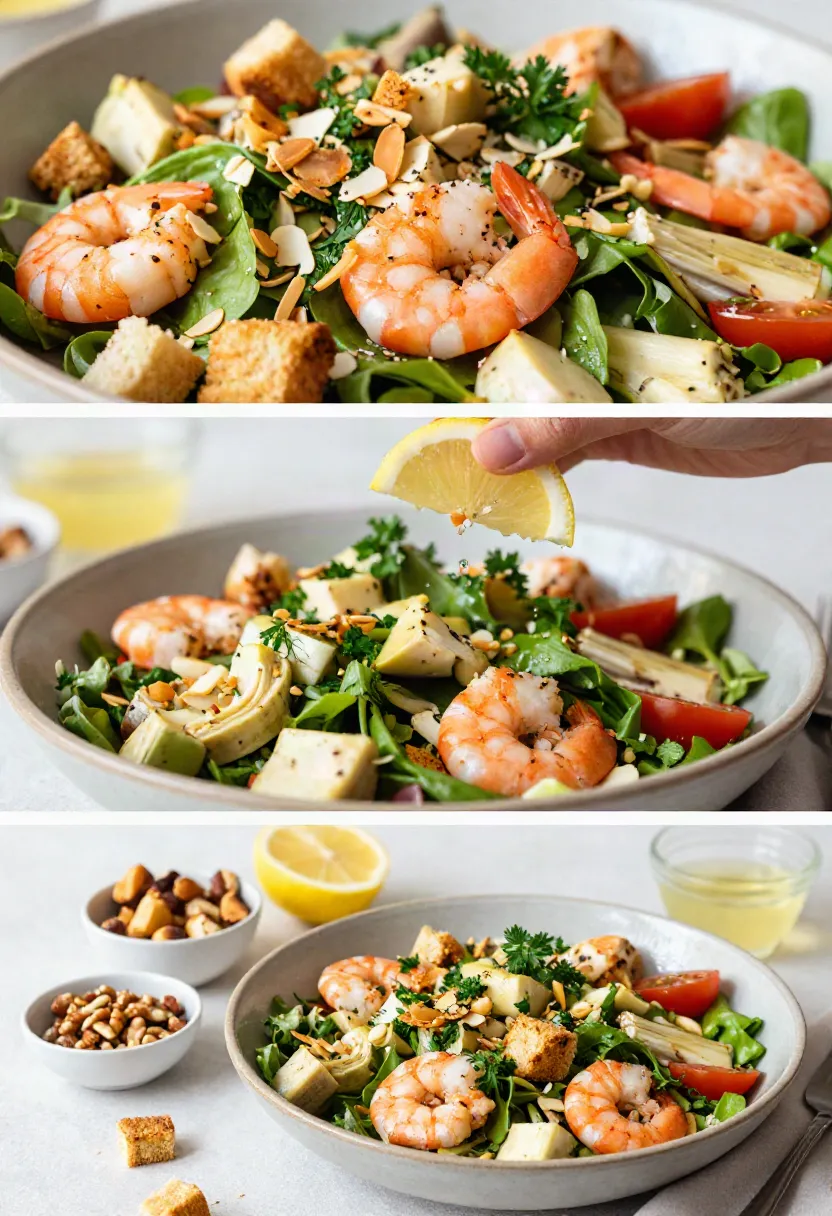 A close-up of a forkful of shrimp, artichoke hearts, and crisp greens with lemon dressing.