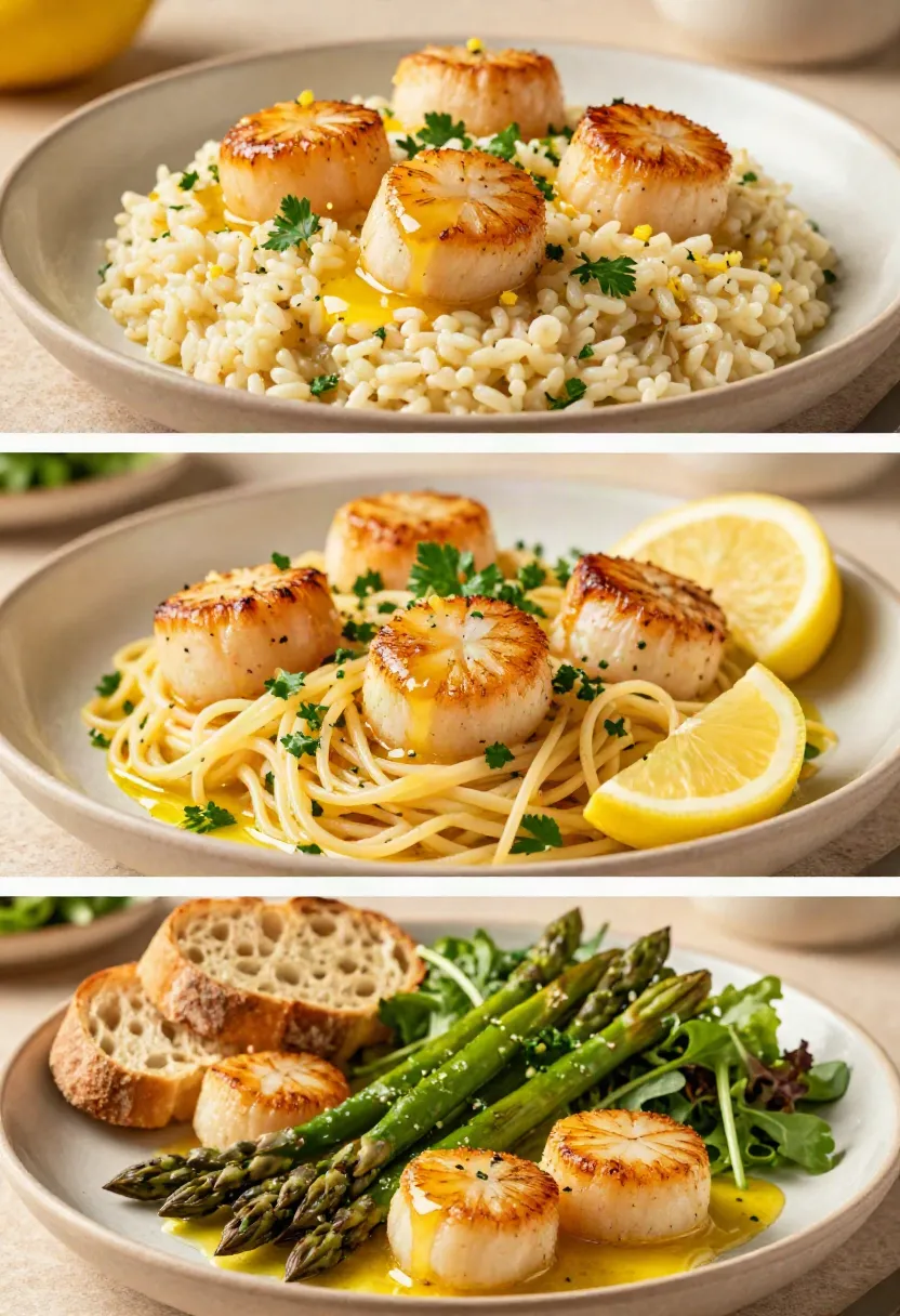 Golden seared scallops with garlic butter, fresh thyme, chives, parsley, and red pepper flakes.