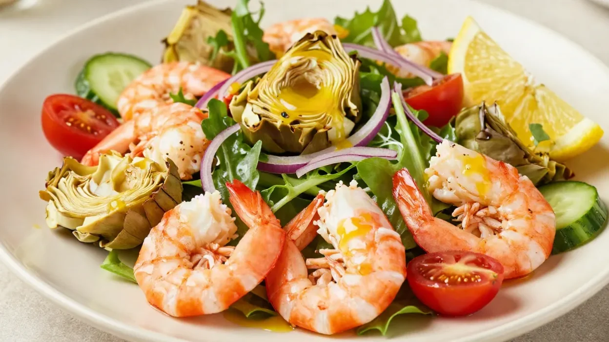 Fresh shrimp and artichoke salad with crisp greens, cherry tomatoes, and lemon vinaigrette served on a plate.