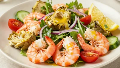 Fresh shrimp and artichoke salad with crisp greens, cherry tomatoes, and lemon vinaigrette served on a plate.