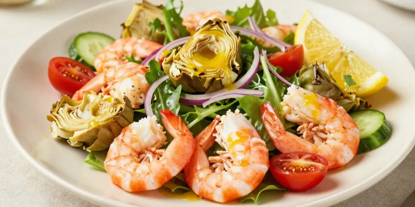 Fresh shrimp and artichoke salad with crisp greens, cherry tomatoes, and lemon vinaigrette served on a plate.