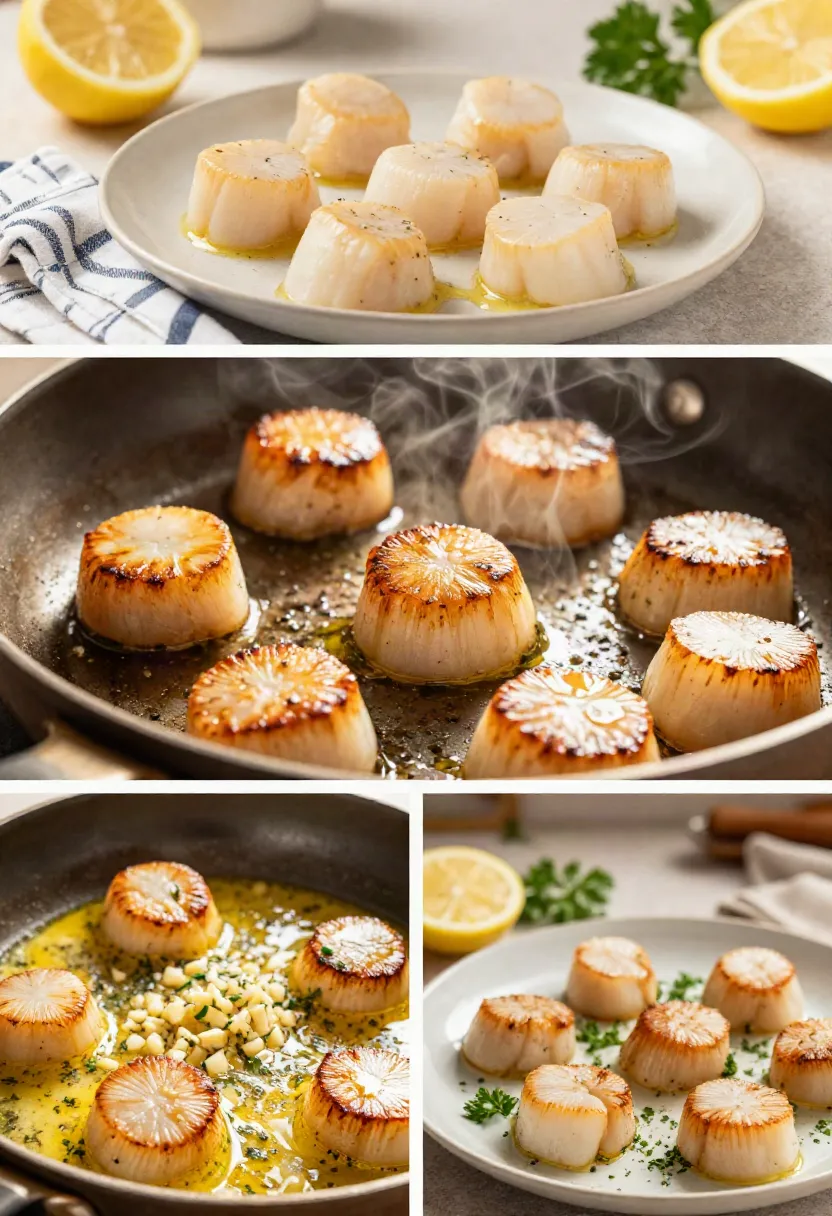 Golden seared scallops with lemon garlic butter served with creamy risotto, fresh linguine, roasted vegetables, green salad, and crusty bread in a three-frame food collage.