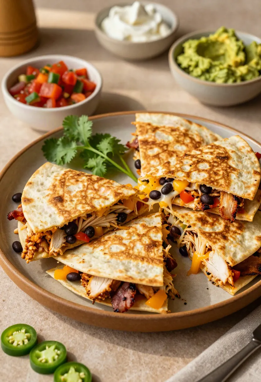 Golden quesadilla pieces reheated in a skillet until the tortilla turns crispy and the cheese melts.