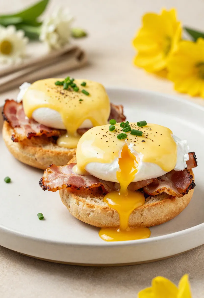 Classic Eggs Benedict served at a historic hotel breakfast table with toast, bacon, poached eggs, and hollandaise.