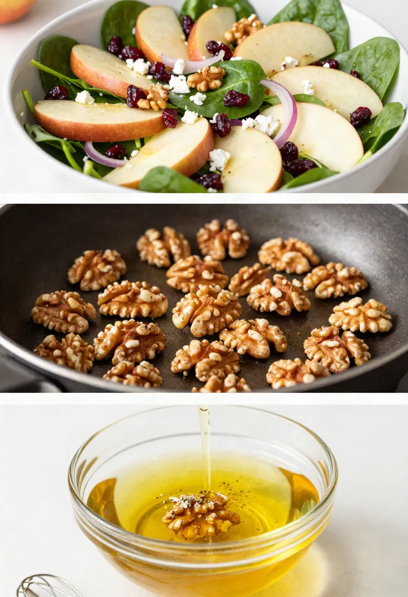 Salad bowl with spinach, pear slices, walnuts, cranberries and feta crumbles.