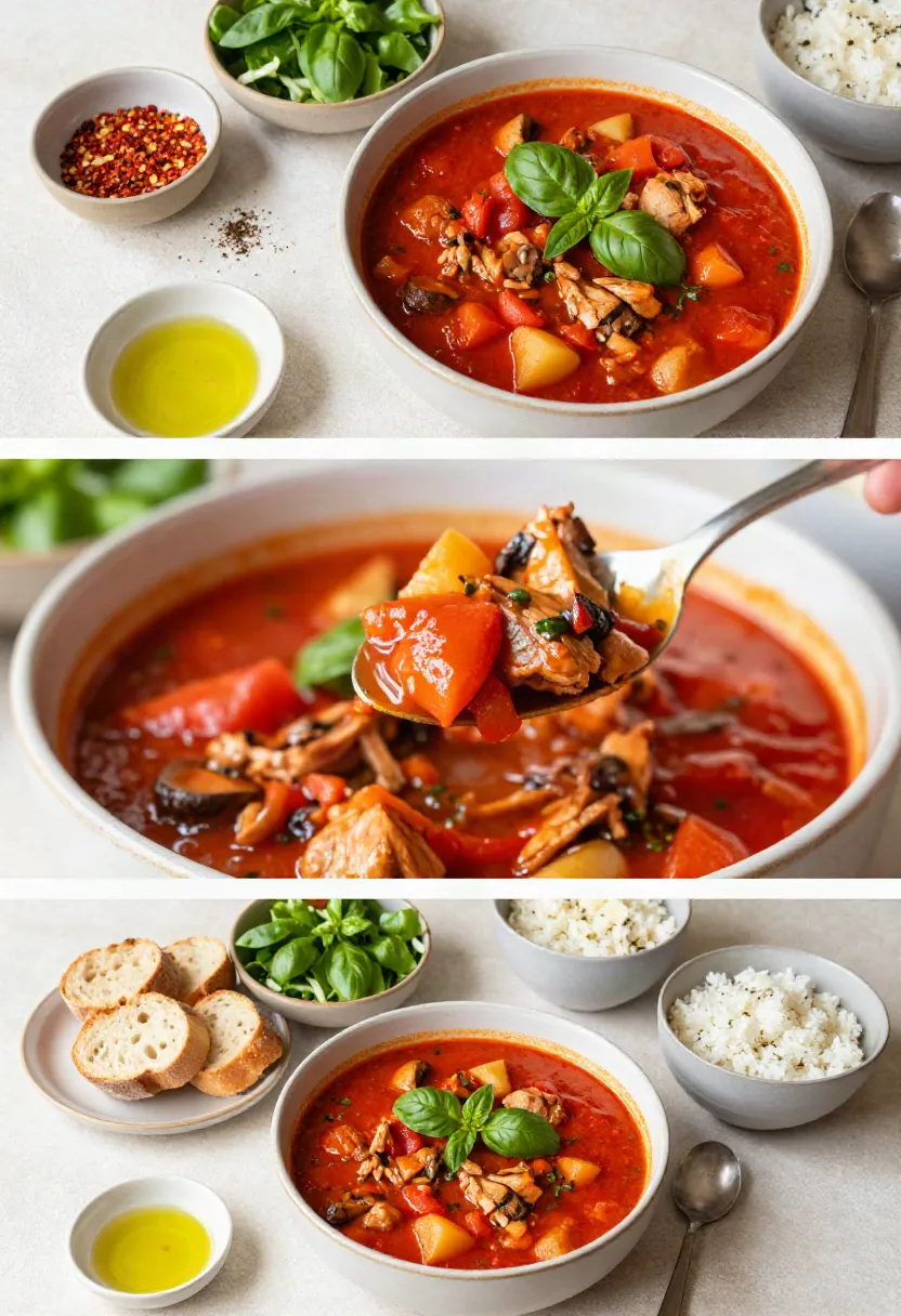 A close-up of tomato basil chicken stew topped with fresh basil and grated Parmesan.