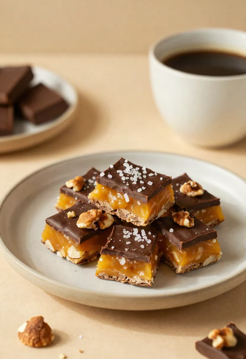 Small pieces of homemade chocolate toffee served beside a cup of coffee in a warm, cozy setting.