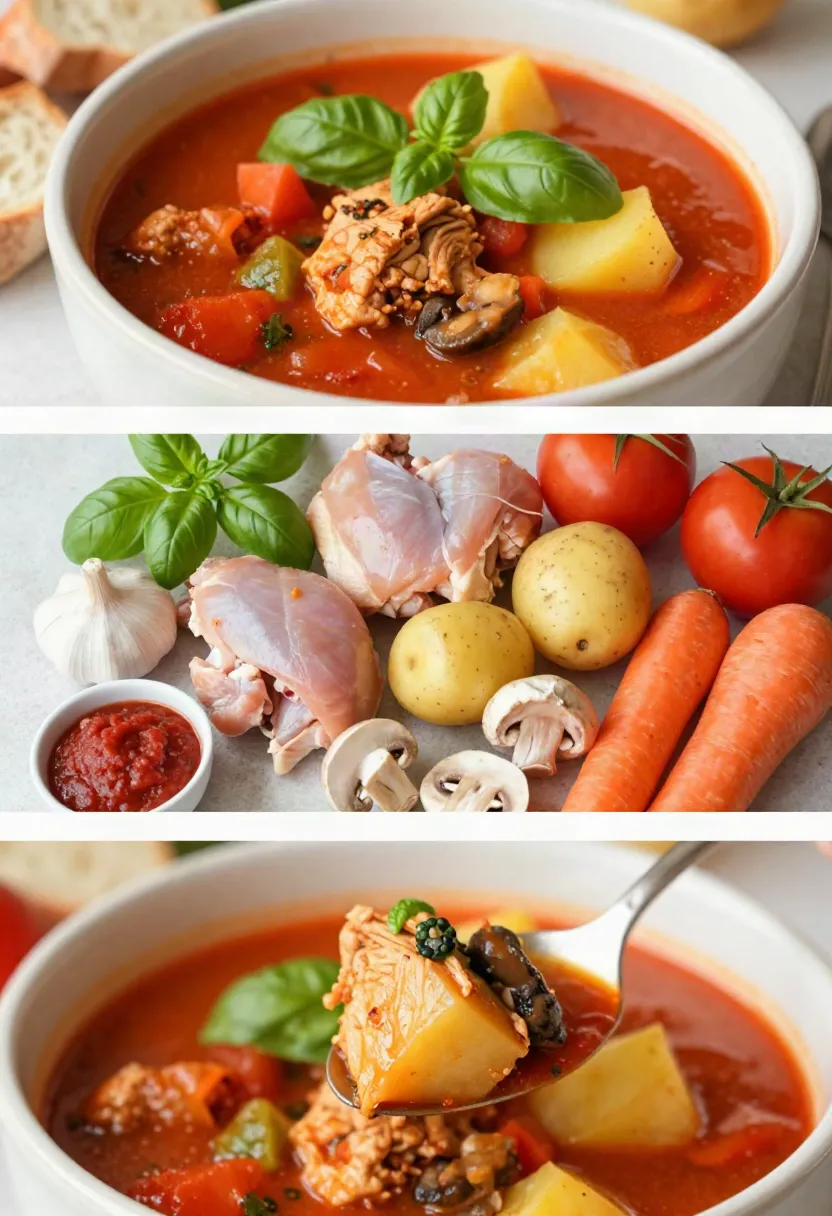 A hearty tomato chicken stew simmering in a pot with vegetables and fragrant herbs.