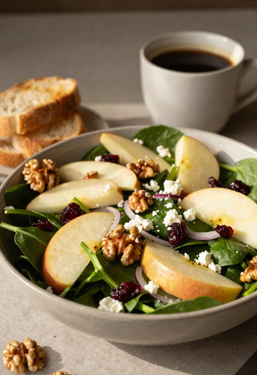 Apple spinach salad served in a cozy seasonal setting with toasted bread and a cup of coffee.