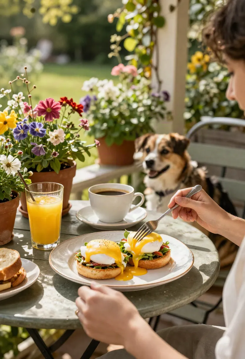 A person enjoying homemade Eggs Benedict on a flower-filled porch with a pet nearby.