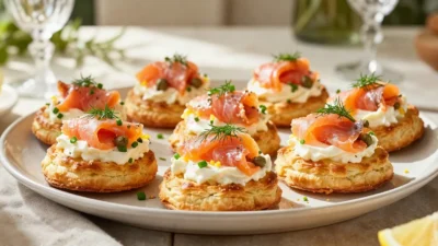 Smoked salmon and cream cheese pastries with golden puff pastry, fresh dill, capers, and lemon zest arranged on an elegant serving platter.