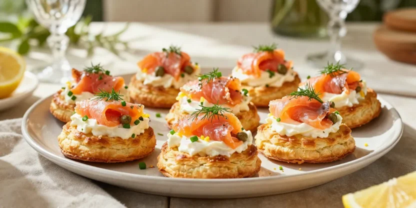 Smoked salmon and cream cheese pastries with golden puff pastry, fresh dill, capers, and lemon zest arranged on an elegant serving platter.