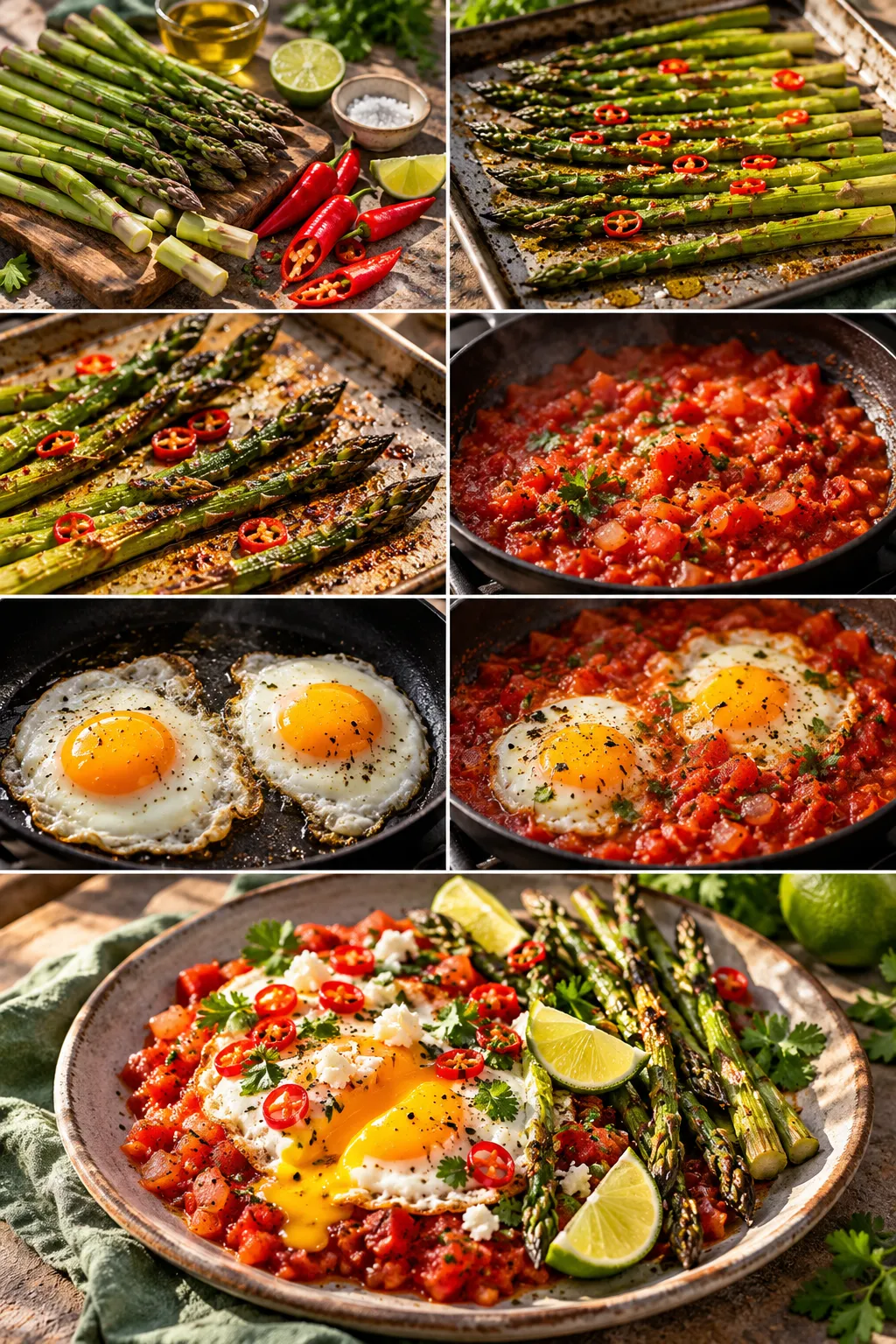 Bunch of fresh asparagus on a wooden cutting board with lime, oil, and peppers nearby on a rustic kitchen counter