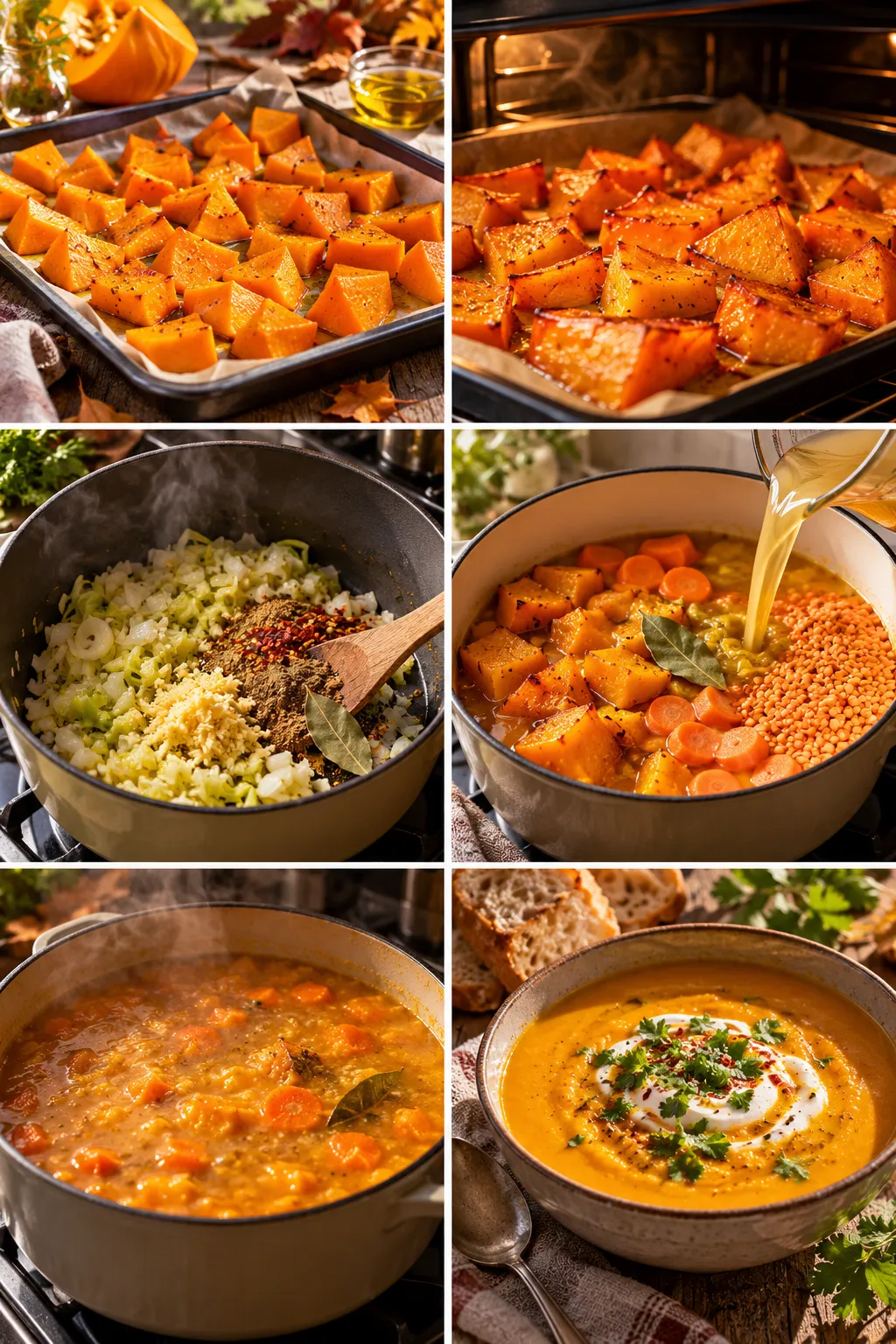 Roasted pumpkin, carrots and red lentils simmering with aromatic spices