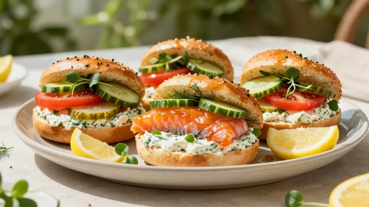 Maple-glazed salmon bagel with dill cream cheese, pickled cucumber, tomato, spring onion, microgreens, and lemon.