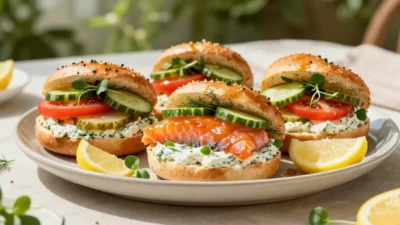 Maple-glazed salmon bagel with dill cream cheese, pickled cucumber, tomato, spring onion, microgreens, and lemon.