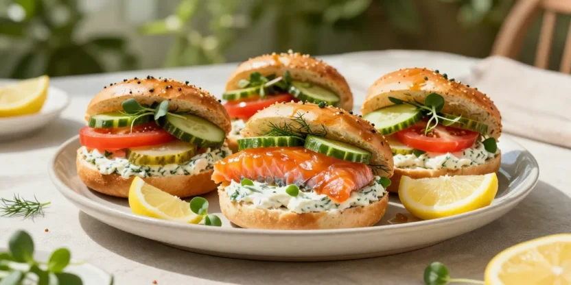 Maple-glazed salmon bagel with dill cream cheese, pickled cucumber, tomato, spring onion, microgreens, and lemon.