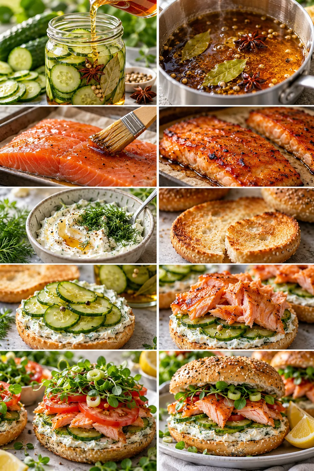 Homemade salmon bagel variation served with extra pickled cucumber, fresh dill, lemon, and colorful brunch ingredients.