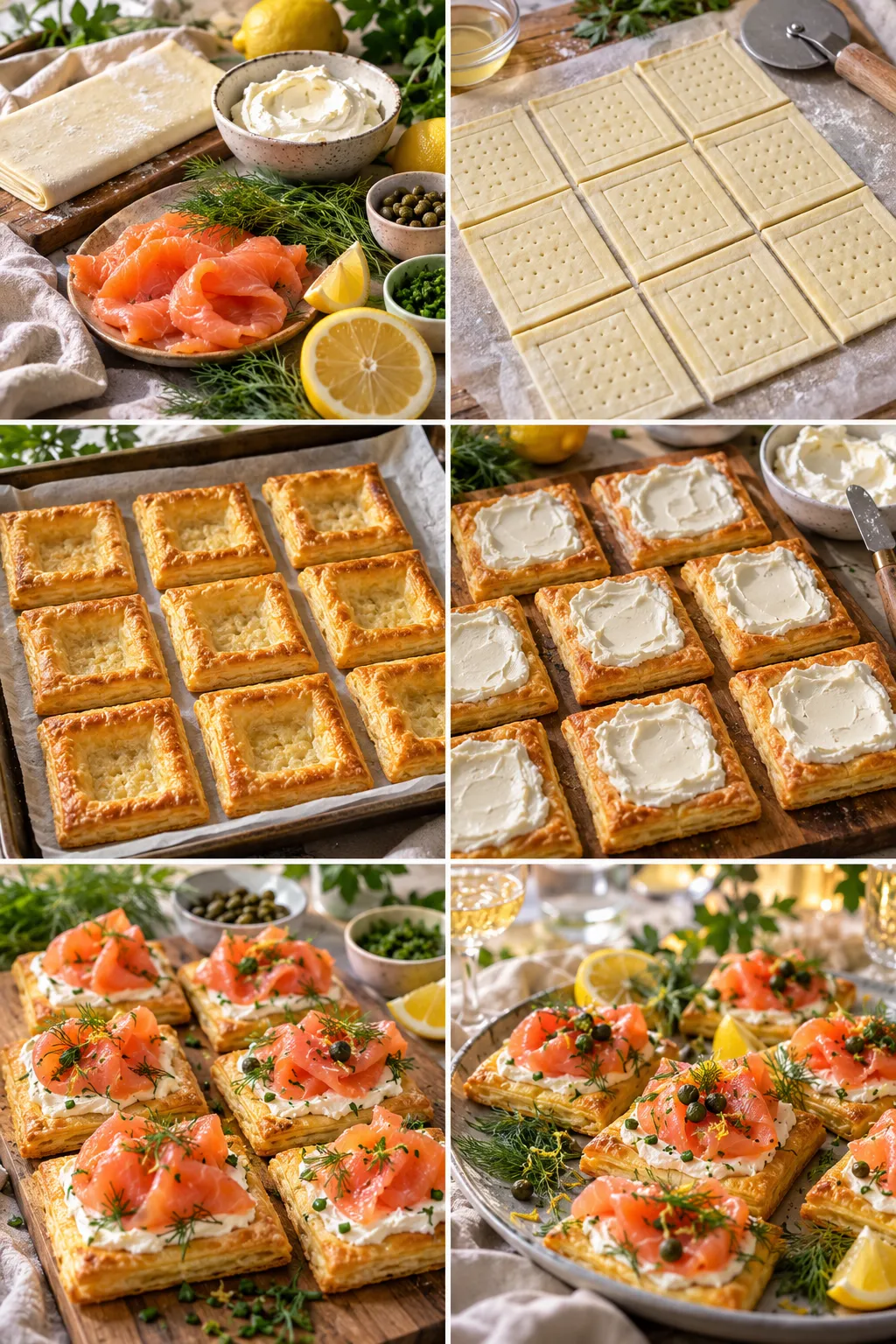 Ingredients for salmon pastries: salmon fillet, cream cheese, dill, lemon, olives, and herbs on a wooden surface with flour-dusted parchment in the background.