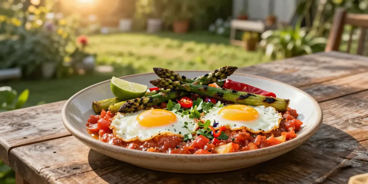 Plate of sunny-side-up eggs on a tomato-based sauce with grilled asparagus and lime wedge outdoors, on a wooden table.