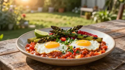 Plate of sunny-side-up eggs on a tomato-based sauce with grilled asparagus and lime wedge outdoors, on a wooden table.