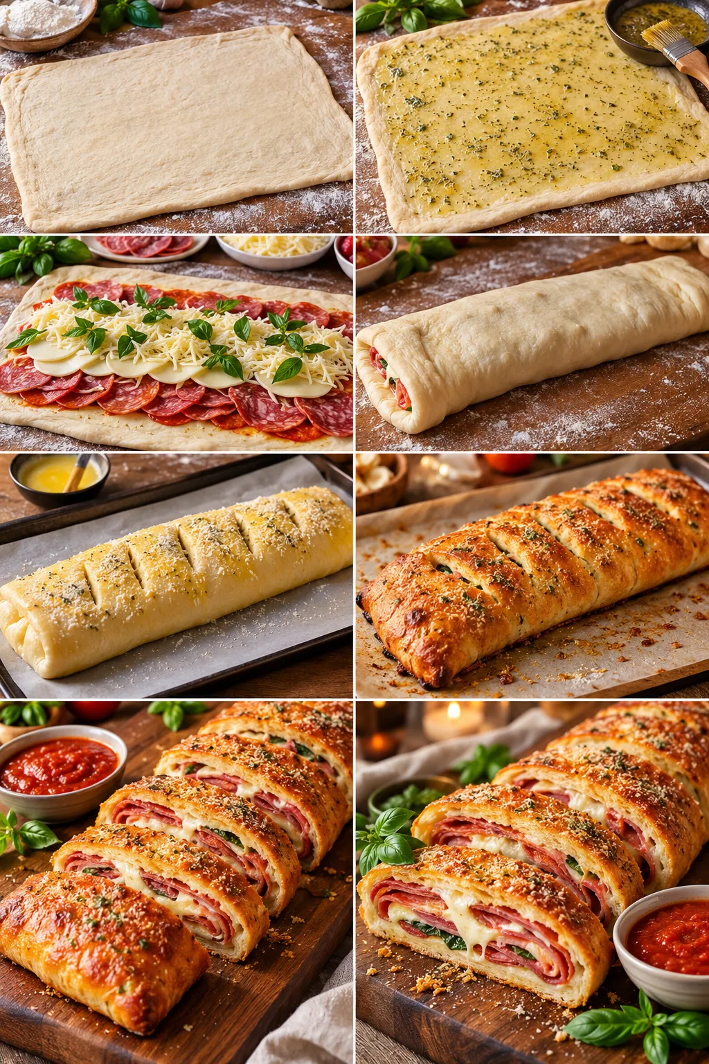 Homemade stromboli variations with spicy peppers, extra cheese and herbs, and roasted vegetables layered inside a golden pizza loaf.