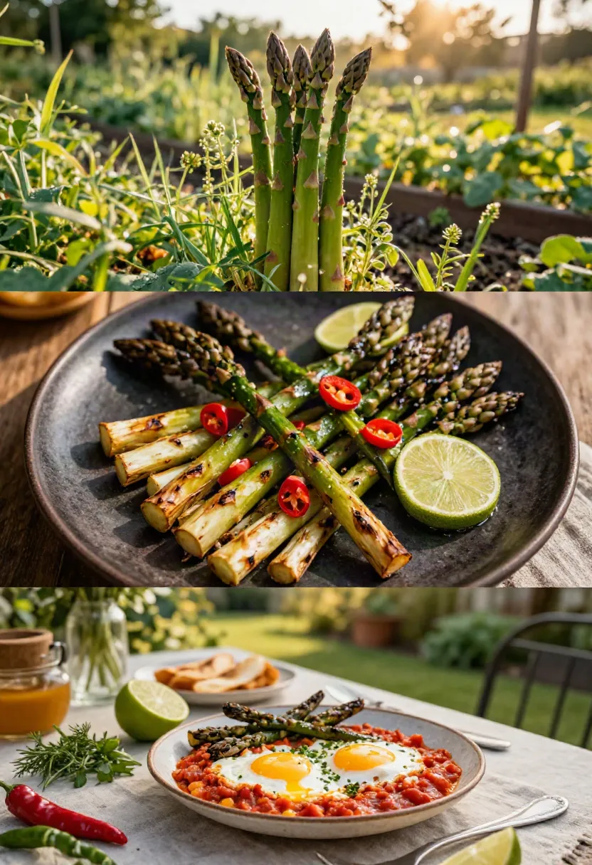Three-panel collage: asparagus growing in a sunlit garden; grilled asparagus with lime and red chili slices on a plate; and a shakshuka-style dish with eggs and asparagus on an outdoor table.
