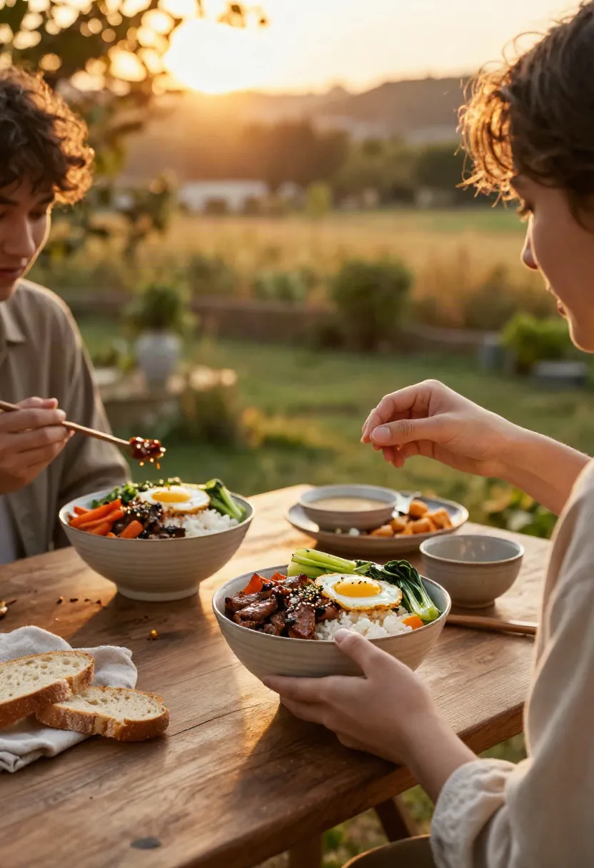 People enjoying Korean beef rice bowls together during a peaceful golden-hour dinner