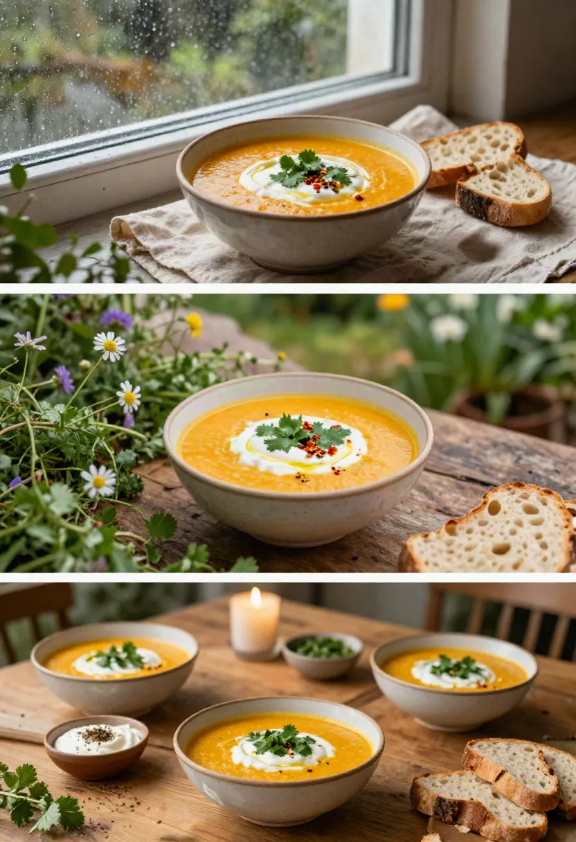 A cozy bowl of pumpkin and lentil soup served with crusty sourdough on an autumn table