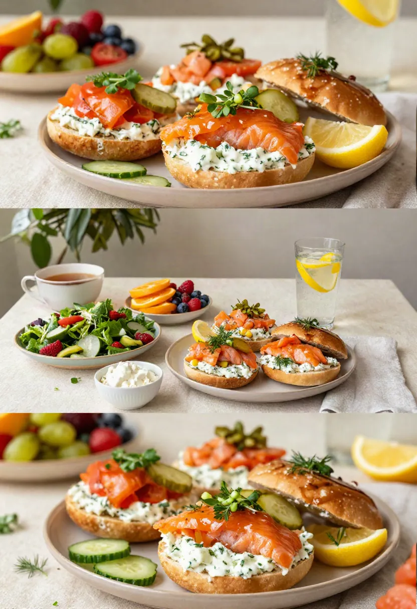 Beautiful brunch table with toasted salmon bagels, fresh berries, citrus, coffee, sparkling water, and small bowls of pickled cucumber and cream cheese.