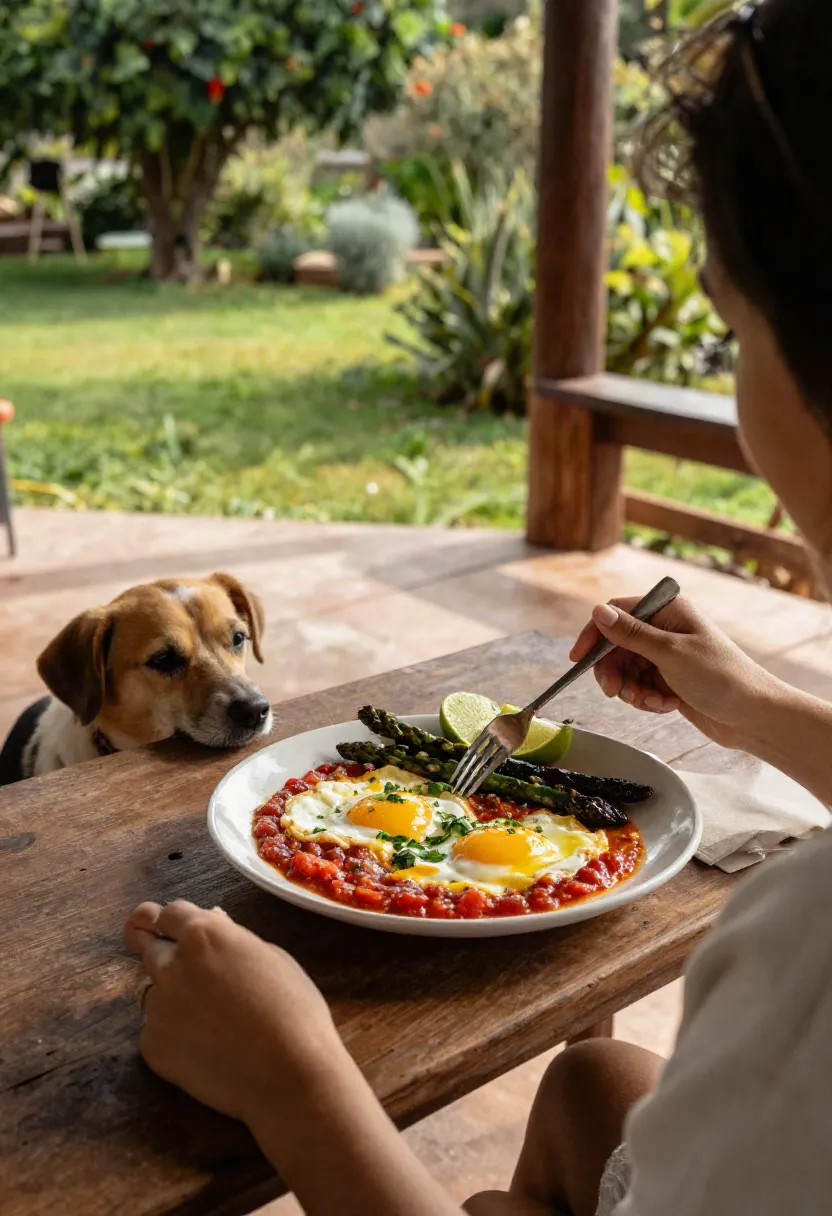 Person enjoying huevos rancheros breakfast on a sunny veranda with a small dog nearby
