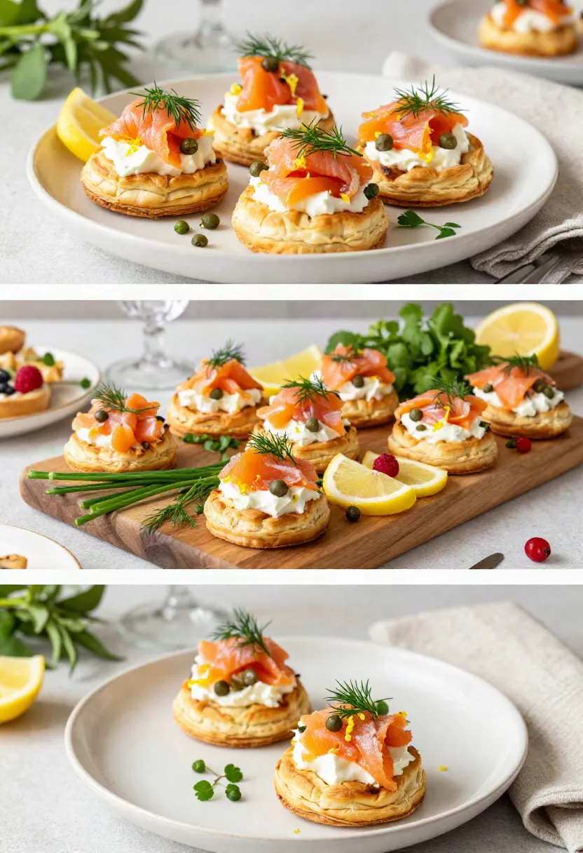 Golden smoked salmon pastries arranged on a beautifully decorated evening party table with candles, sparkling drinks, fresh herbs, and lemon.